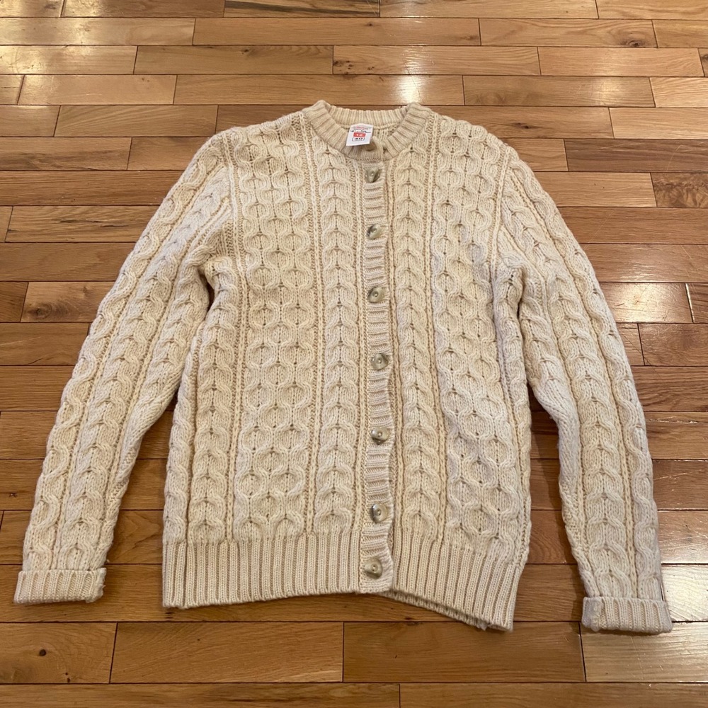 St Michael Cream Cable Knit Button Up Cardigan Pure British Wool Women Size 12
